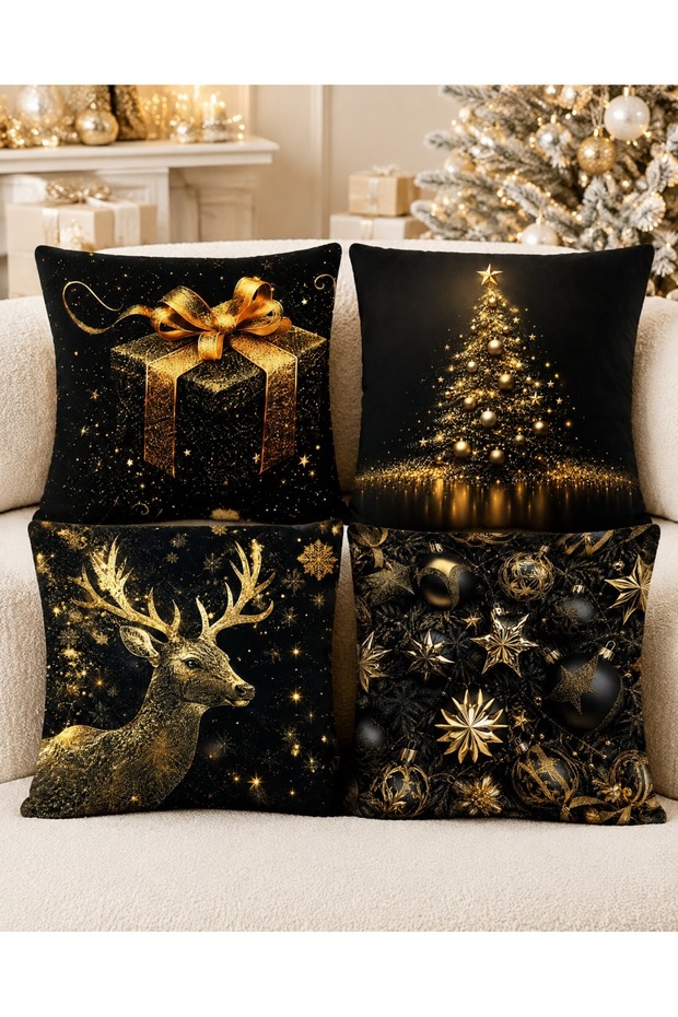 Black Gold Christmas Digital Printed Decorative Set of 4 Throw Pillow Covers with Deer Pine Tree Gift Pattern