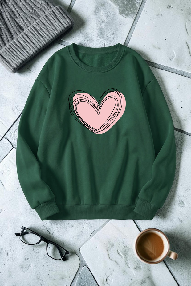 Unisex Cream Heart Printed Crew Neck Sweatshirt