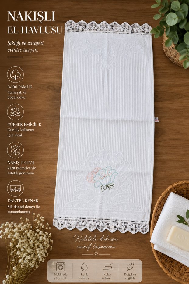 Handcrafted White Lace Cotton Towel - Embroidered Decorative Hand and Face Towel 40X96 cm