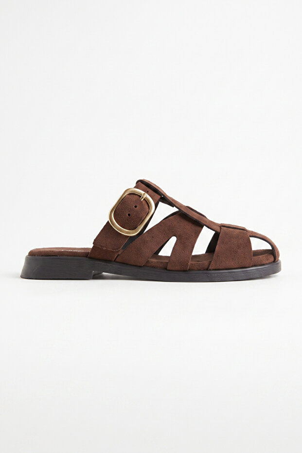 Women's Brown Nubuck Buckle Slippers – Comfortable Flat Sole Casual Open-Toe Sandals