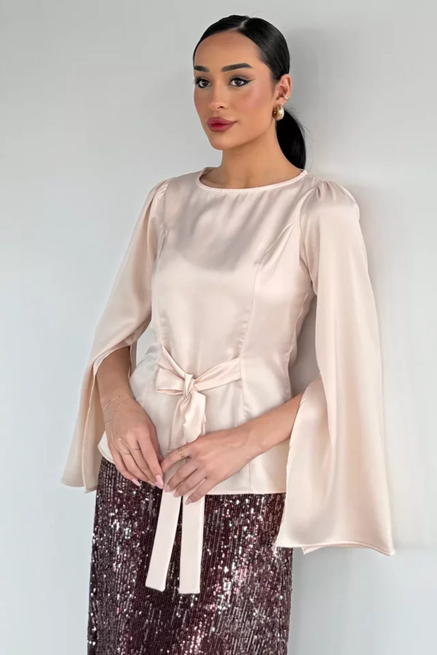 Women's Front Tie Sleeve Slit Satin Blouse