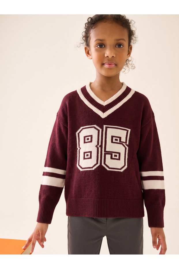 Girl's V-Neck Knitwear Sweater Burgundy