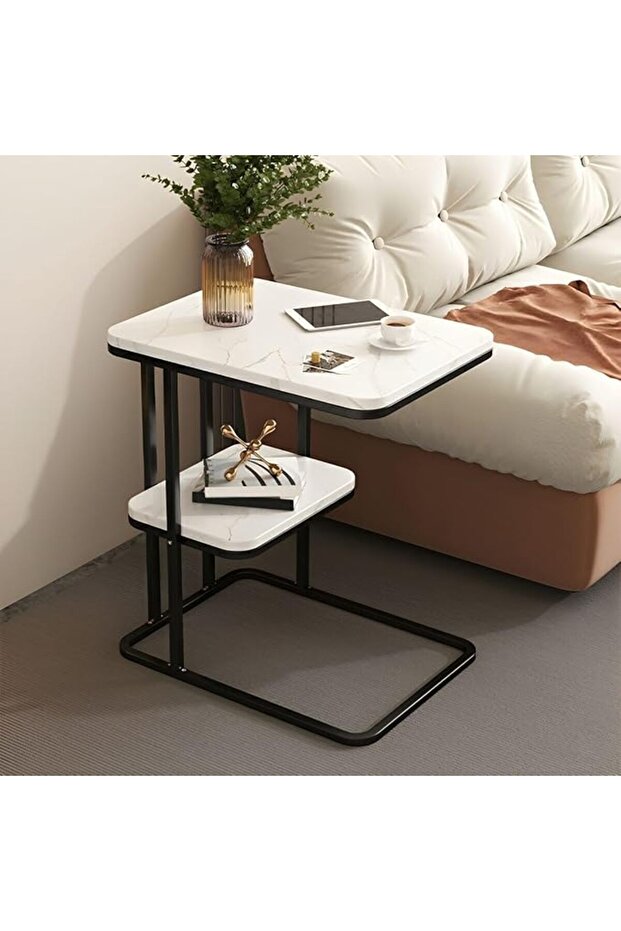 Taimi End Table, Wood and Metal, C-Shaped, Space-Saving, Multifunctional, Easy-Clean, Multifunctional, B