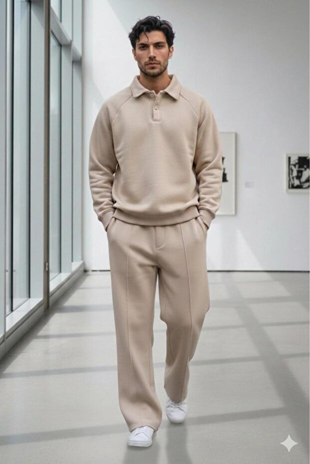 Men's Beige Roberto Buttoned Sweatshirt-Shorts Set