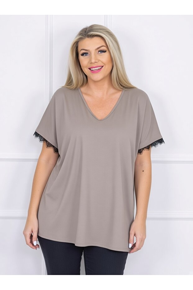 Plus Size V-Neck Cotton Blouse with Lace Detail on Sleeves