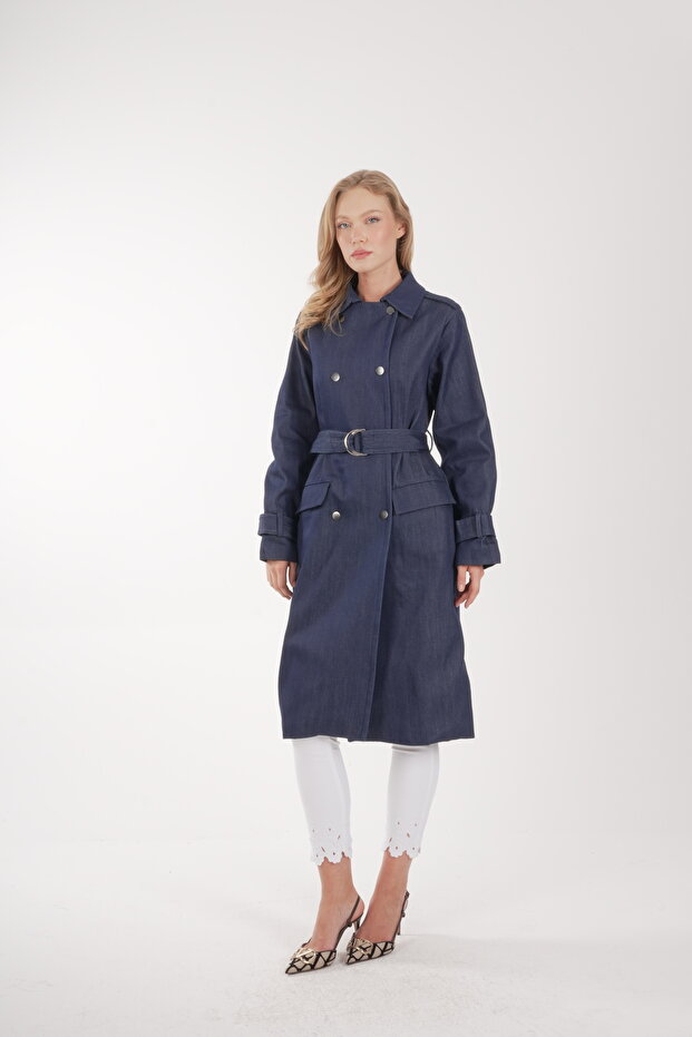 Women's Denim Trench Coat with Snap Detail