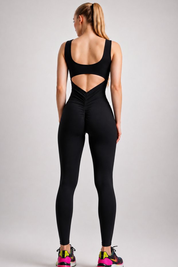 Back and Waist Cut-Out, Wide-Strap, Body-Hugging, Supportive Sports and Yoga Long Leggings Jumpsuit