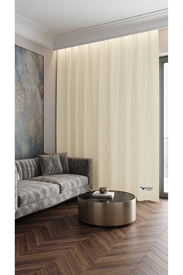 Modern Background Curtain - Single Panel - Ready for Cornice - Stain Resistant - Cream - Flat Installation Without Pleats - Extrafoam Gathering