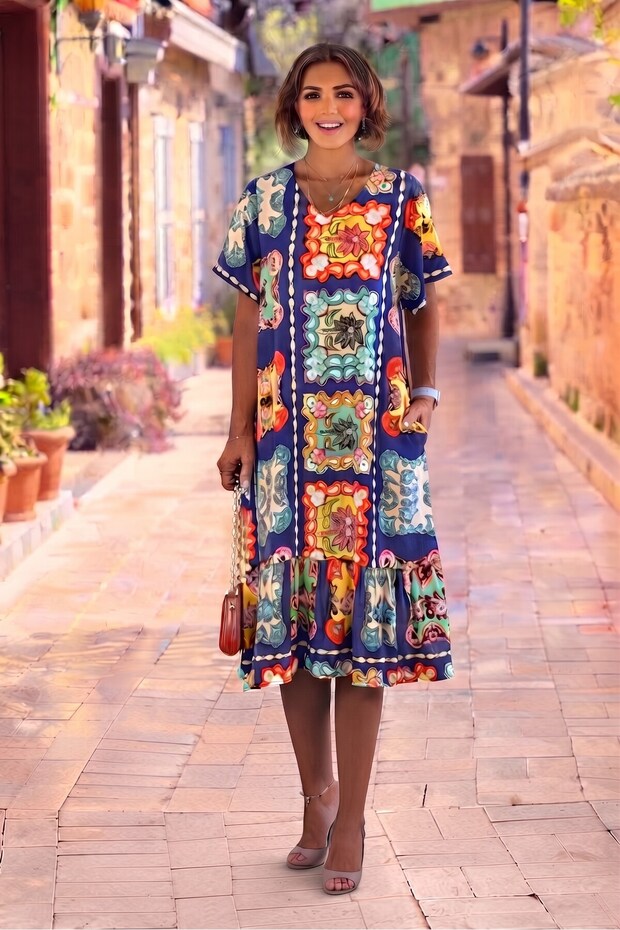 V14-Blue Canvas Patterned Skirts Ruffle Dress