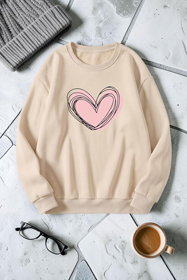 Unisex Cream Heart Printed Crew Neck Sweatshirt