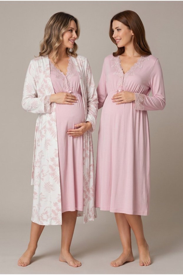 Women's Powder Floral Patterned Buttoned Lace Long Sleeve Dressing Gown Maternity Pajama Set