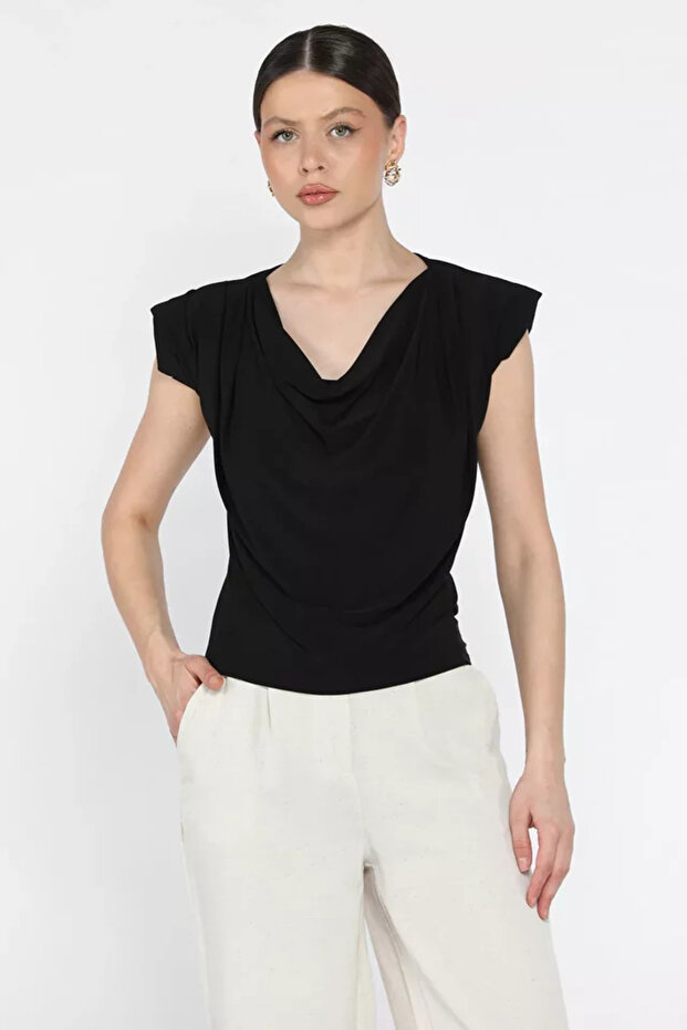 Draped Women's Blouse with Shoulder Pads