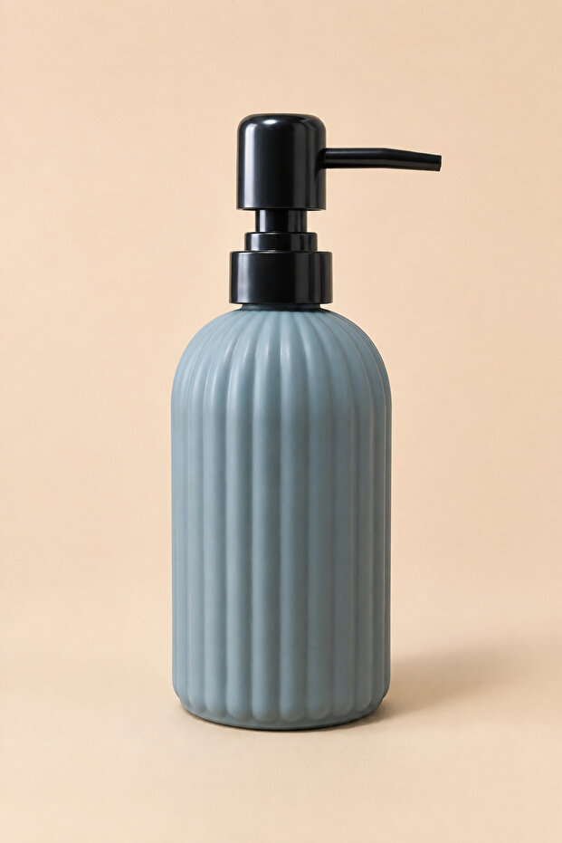 Vovy Striped Glass Soap Dispenser 500 ml – Modern Liquid Soap and Detergent Dispenser with Black Pump - 18.5 cm X 7 cm