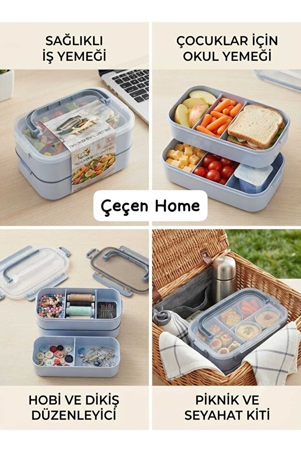 Two-Tier Bento Lunch Box - Leak-Proof Compartmentalized Container for Lunch, School Nutrition, Hobby & Sewing Organizer Storage Container
