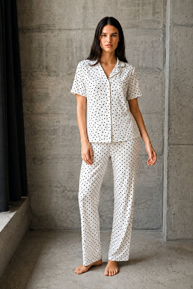 V-Neck Buttoned Casual Snow White Pajama Set