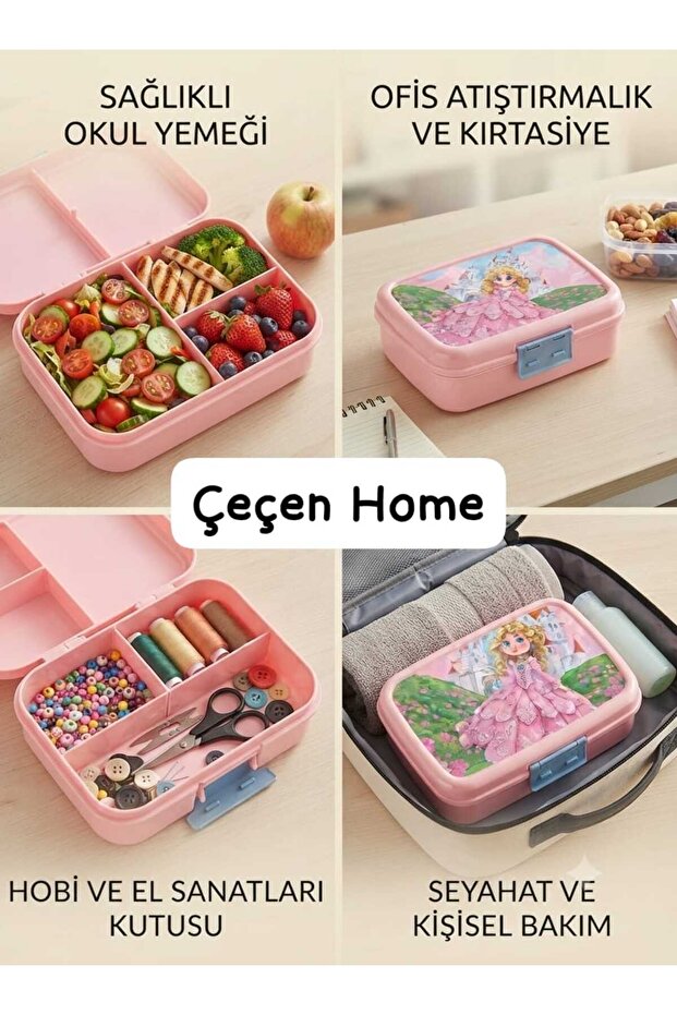 Multi-Purpose Compartmented Lunch Box with Patterned Lid, Office Snack and Stationery Organizer Box