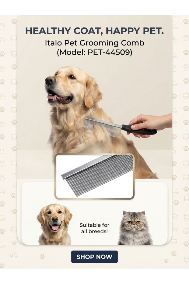 Italo Stainless Steel Pet Grooming Comb – Professional Deshedding Tool with Ergonomic Paw-Print Handle for Dogs and Cats (Model: PET-44509)