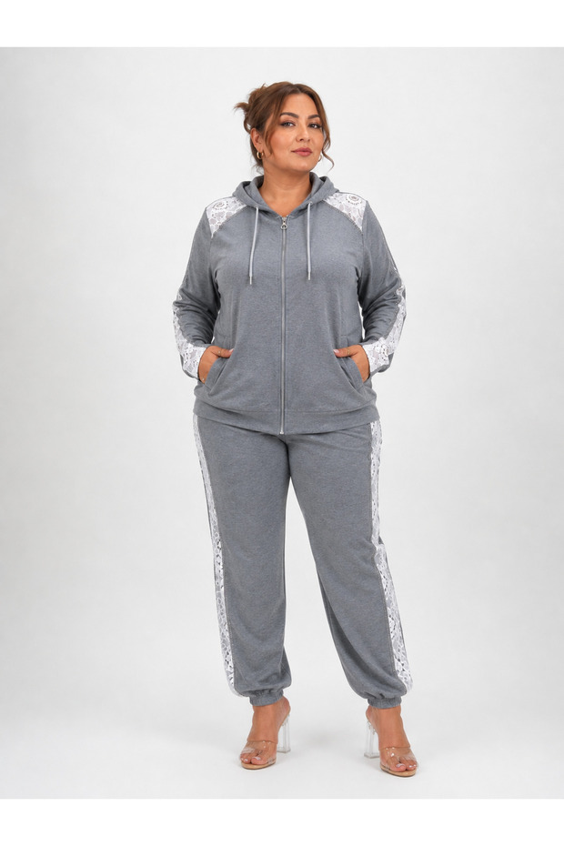 Large Size Oversized Hooded Zippered Lace and Stone Detailed Cotton Viscose Women's Top and Pants Set