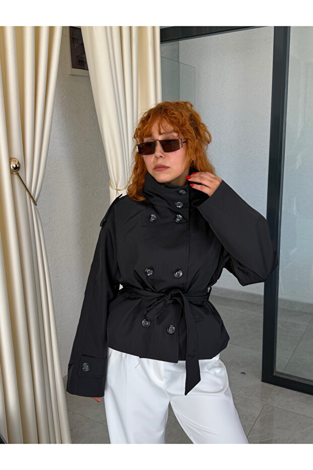 Beige Belted Double Breasted Short Outerwear