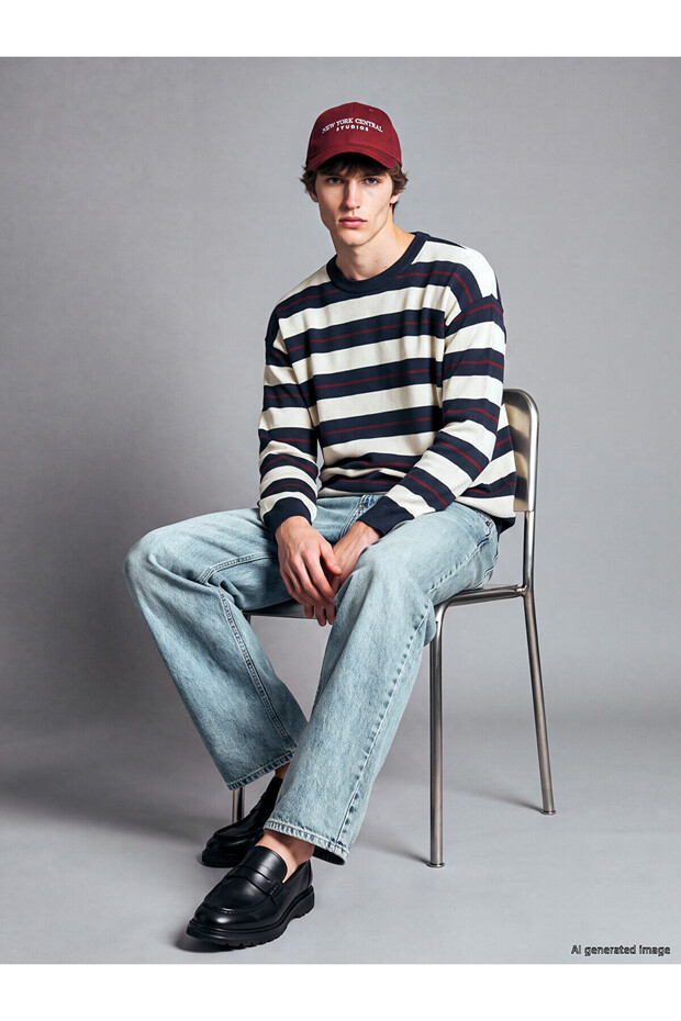 Xside Navy Blue Crew Neck Striped Men's Knitwear Sweater