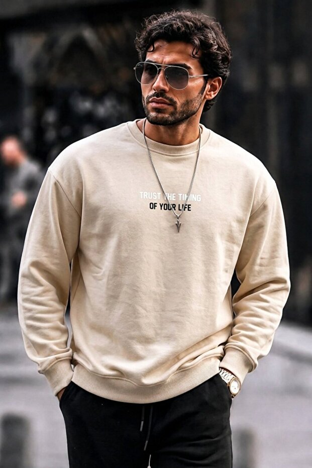 Men's Cotton Printed Regular Fit Cream Sweatshirt