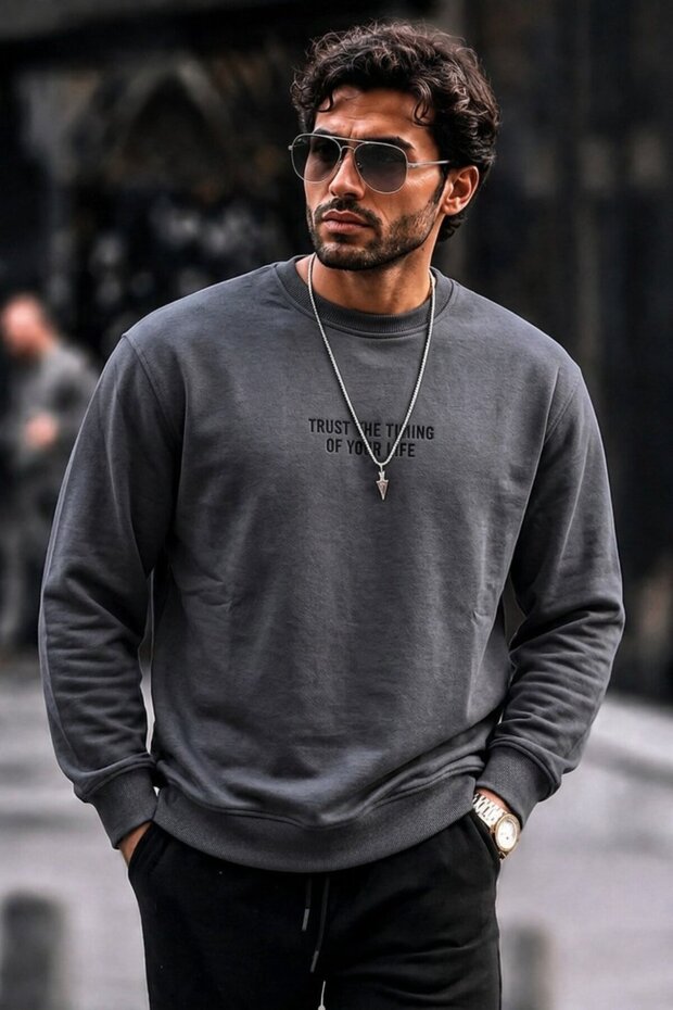 Men's Cotton Printed Regular Fit Smoked Sweatshirt