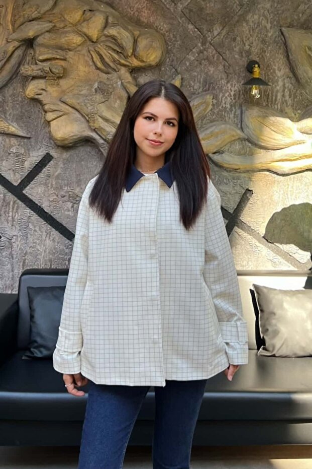 Women's Oversize Plaid Contrast Collar Jacket Sun459