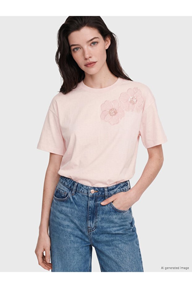 Sparkling Choices from Shining Store Zero Roba Collar Flower Embroidery Women's T-Shirt