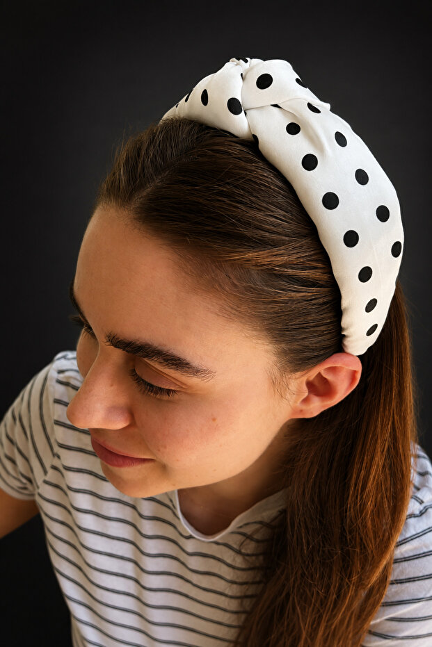 Women's Black and White Polka Dot Knotted Satin Hair Crown Vintage Wide