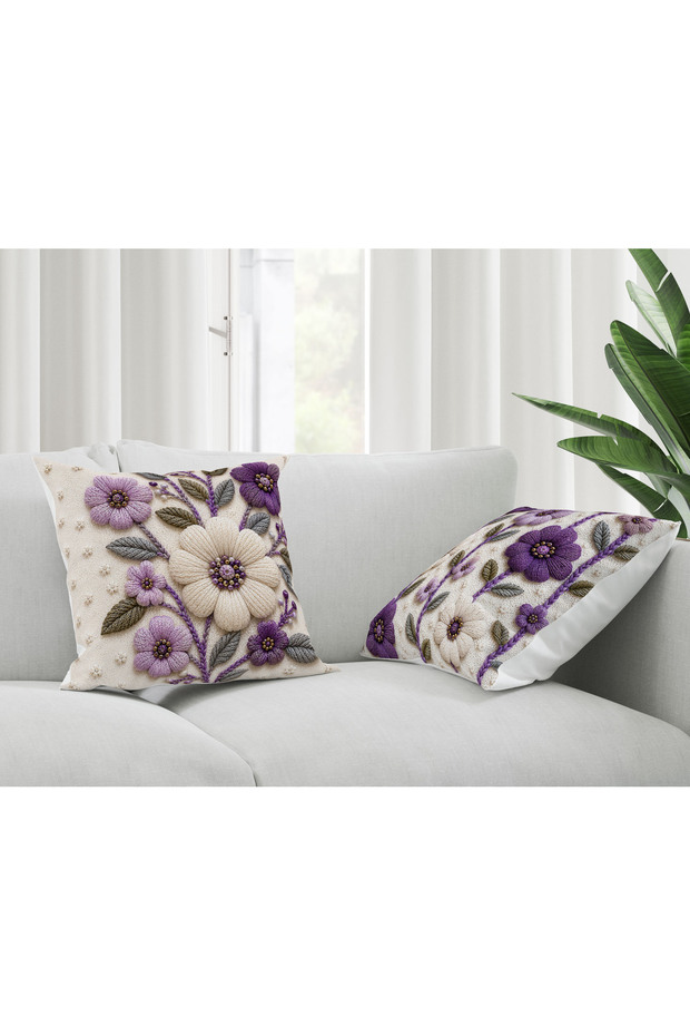 Digital Printed Punch Embroidery Look Purple Floral Decorative 2-Piece Throw Pillow Cover