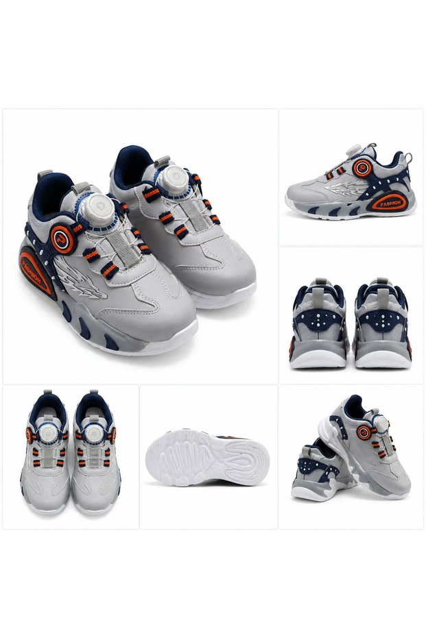 Kids Boys Sports Shoes Gray Navy Blue Smart Lace-Up Casual Sneaker