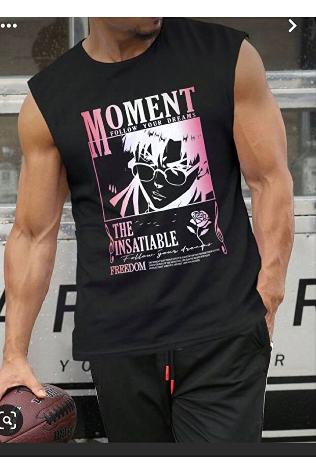 Oversize Relaxed Fit Back and Chest Printed Black Men's Tank Top / Zero Sleeve