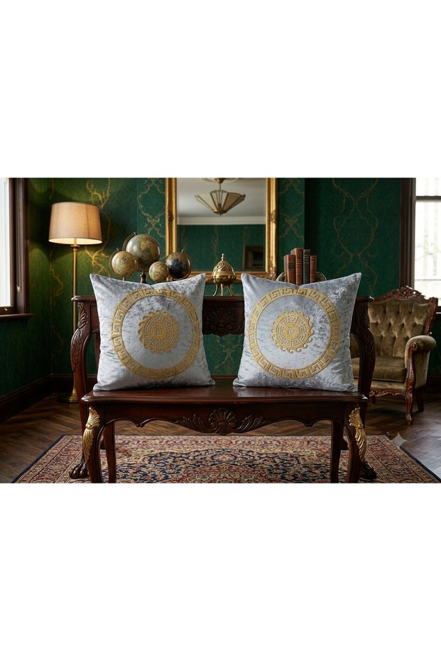 2 Pieces Velvet Cushion Cover/40X40Cm/Glittery Leather Embroidery/Gold Leather Embroidery on Gray Velvet