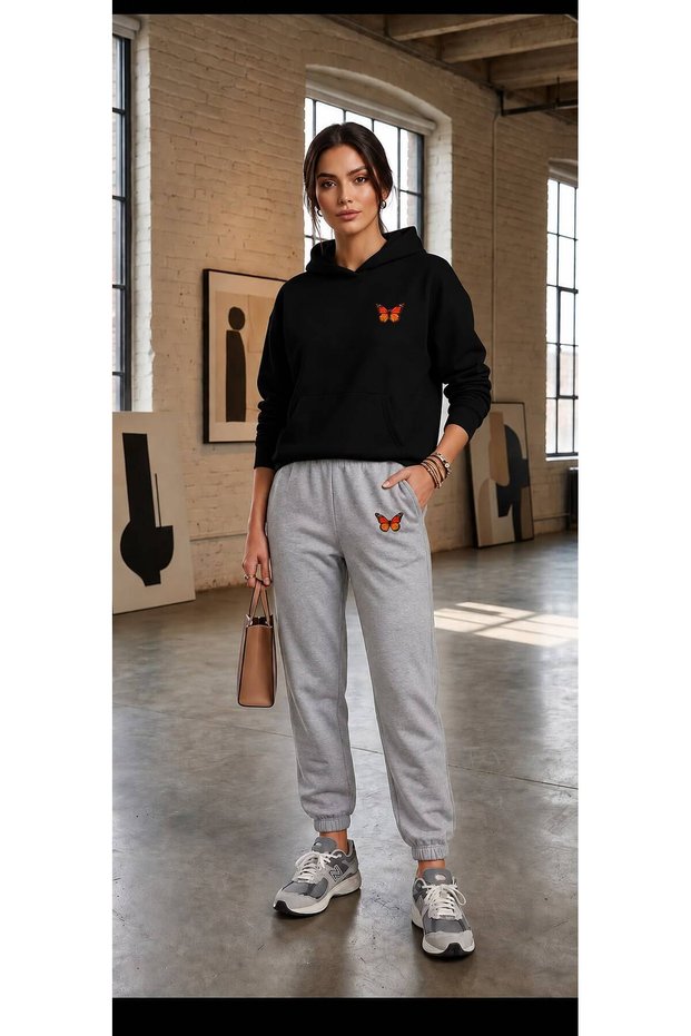 Hooded Tracksuit 2-Piece Combination Winter Colorful Butterfly Printed Women's / Girls' Model