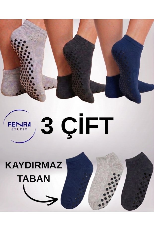 3-Piece Anthracite Navy Blue Gray Cotton Sole Towel Non-Slip Sole Yoga Pilates Tawaf Hajj Umrah Booties Home Socks