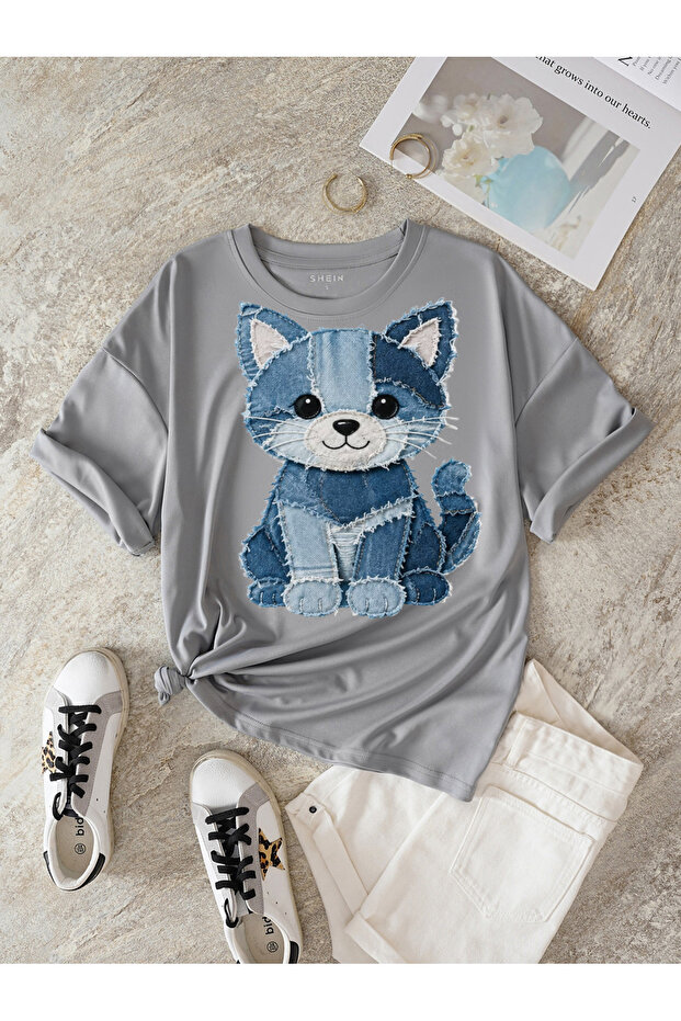 Cat Printed Detailed Short Sleeve T-Shirt