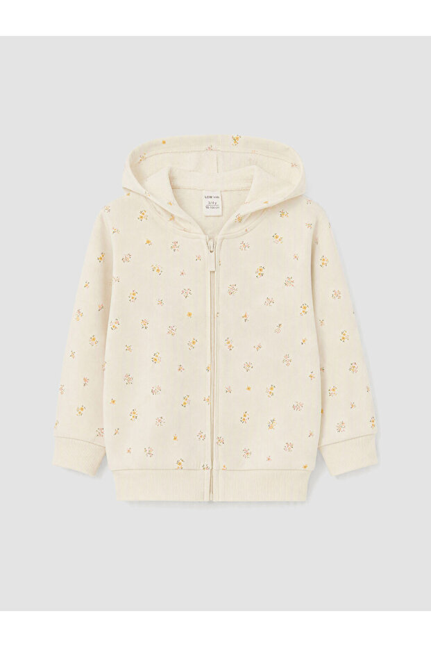Ecru Hooded Floral Girls' Zippered Sweatshirt