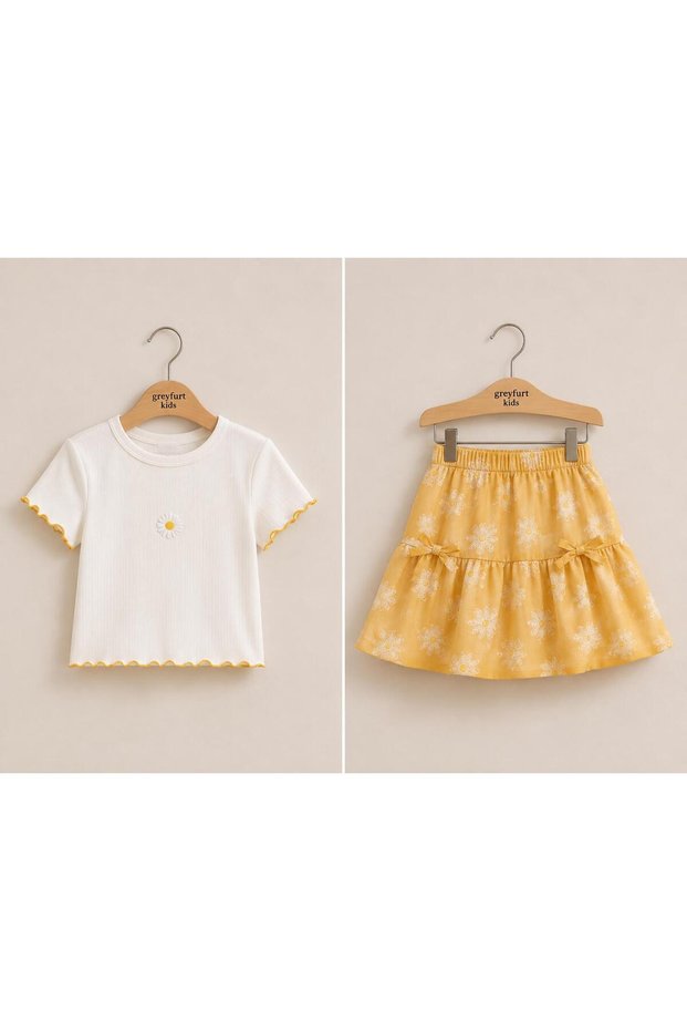 Girl's Top and Bottom Set Summer Balloon Skirt Daisy Detailed Mustard