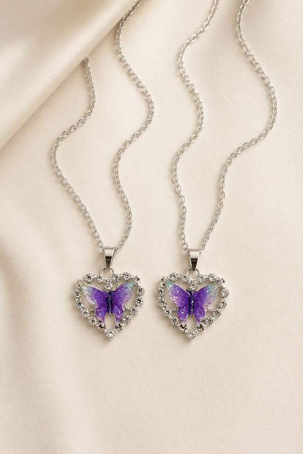 2-Piece Purple Butterfly Figured Stone Heart Necklace – Stylish Women's Necklace with Silver Color Chain