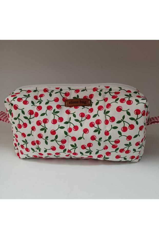 Women's Floral Patterned Makeup Bag White Fluffy Bag Organizer, Skincare Bag, 100% Cotton