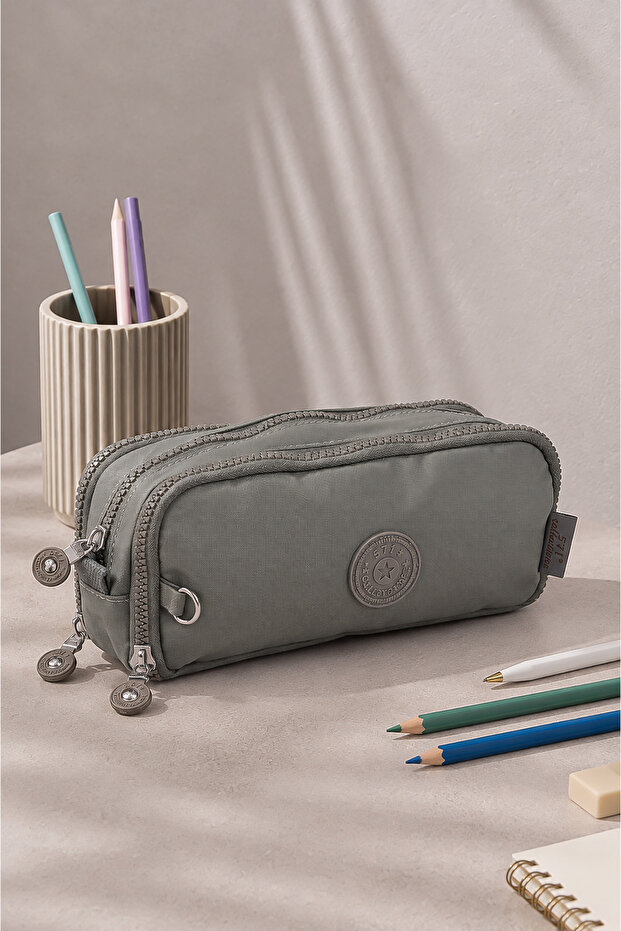 Large Size Crinkle 3 Zipper Pen Holder Mobile Phone Makeup Handheld School Bag Wallet Gray 1415K