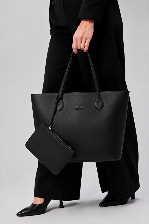 Large Size Black Women's Shoulder Bag – Casual Shopper Tote Bag with Wallet
