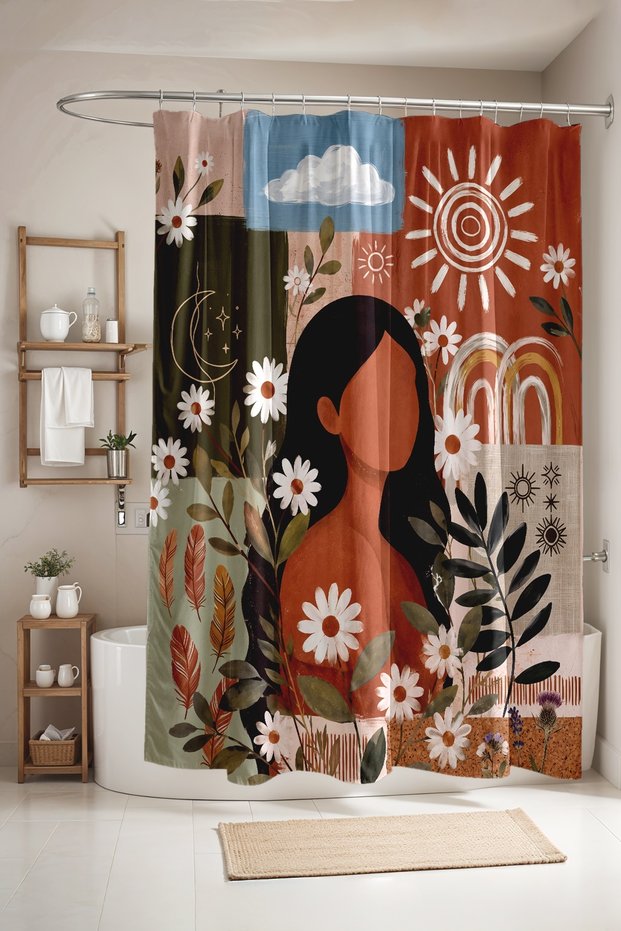 Bathroom Curtain, Abstract Woman Face and Flowers Pattern Shower Curtain, Bathtub Curtain 175X200Cm
