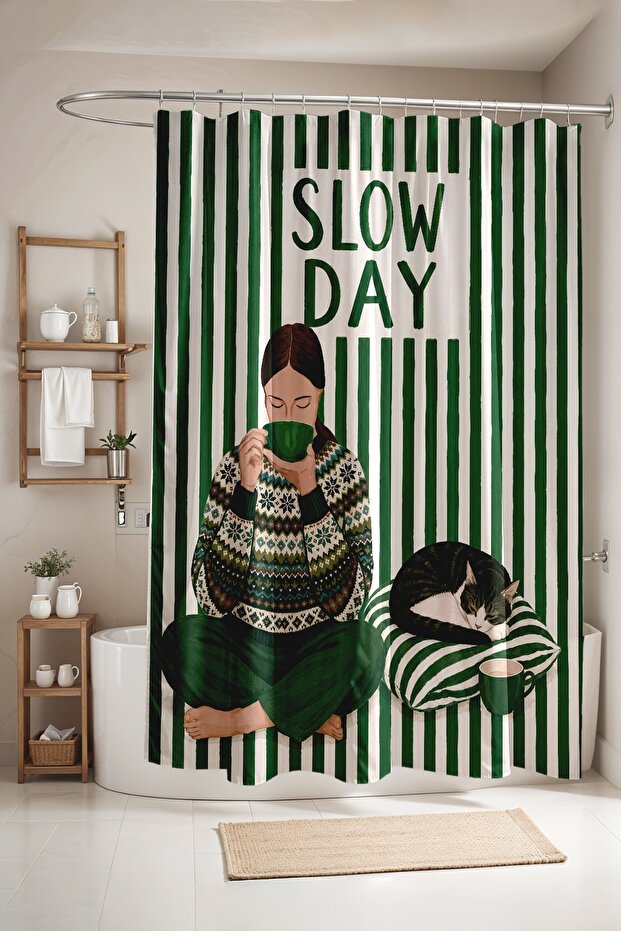 Bathroom Curtain, Shower Curtain with Drinking Coffee Woman and Cat Pattern, Bathtub Curtain 175X200Cm