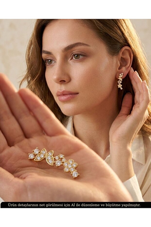Women's Steel Earrings with Hook Model, Stone-Embellished Butterfly and Flower Figures