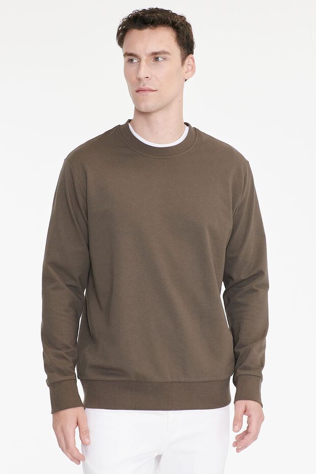Men's Khaki Cotton Standard Fit Regular Cut 2 Thread Crew Neck Sweatshirt