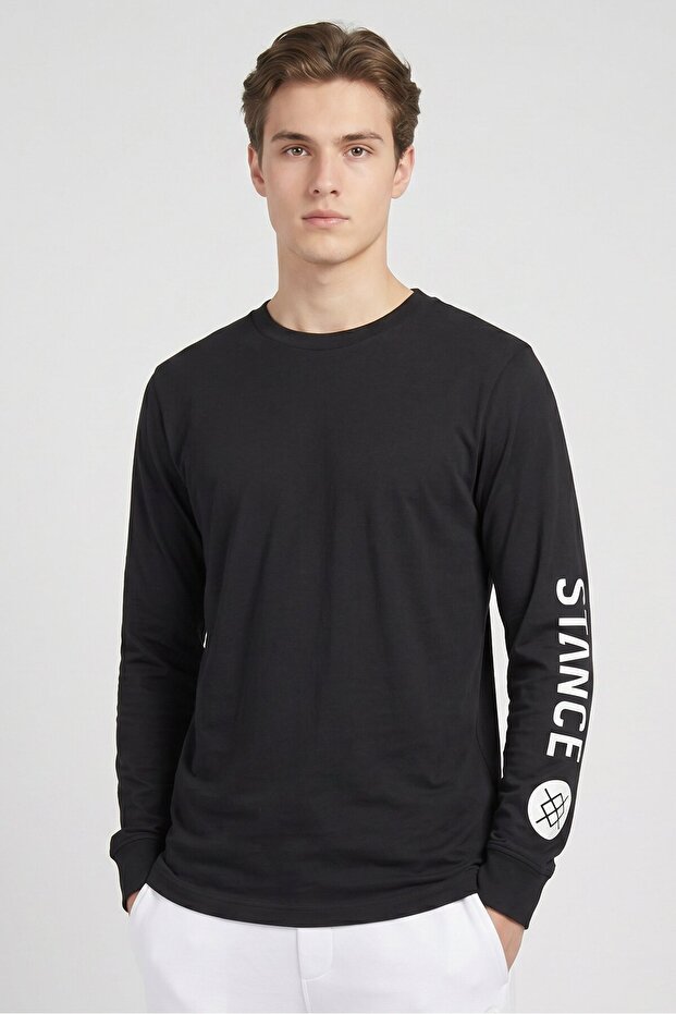Men Crew Neck Long Sleeve Brand Logo T-Shirt, Black