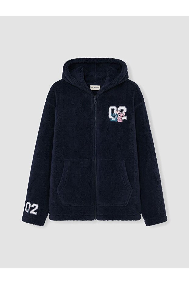 Lcw Kids Navy Blue Hooded Lilo & Stitch Printed Girls' Sweatshirt