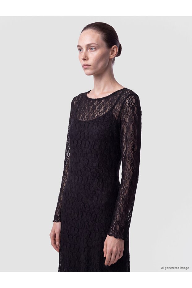 Özmarka New Season Black Crew Neck Lace Dress
