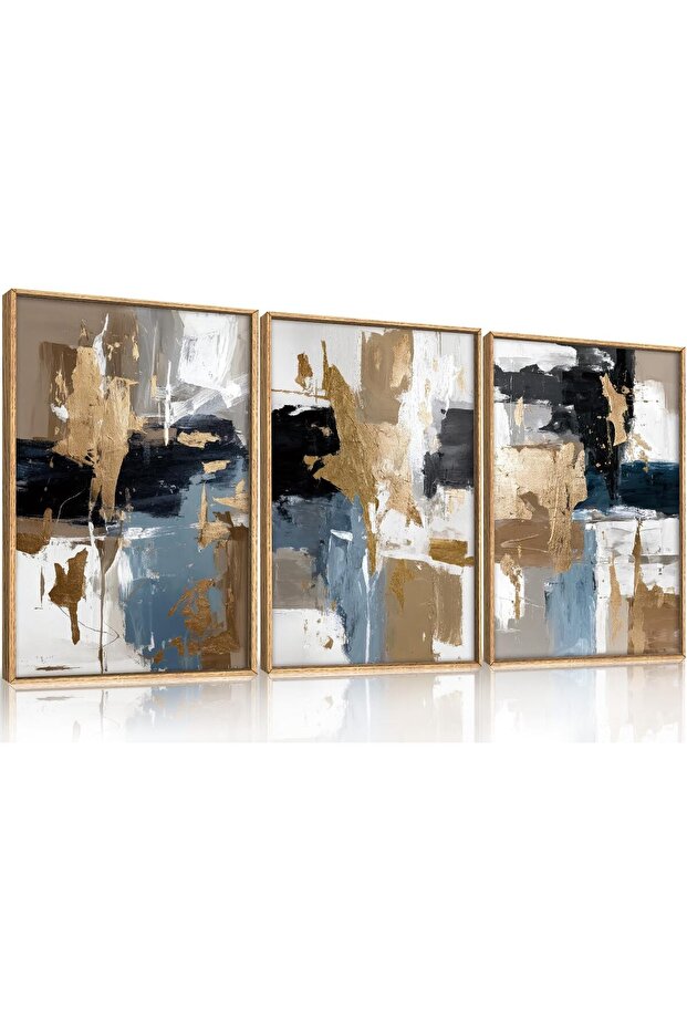Signtouch Blue Textured Watercolor Tan Wall Art 3-Piece Wooden Frame 30x40 cm